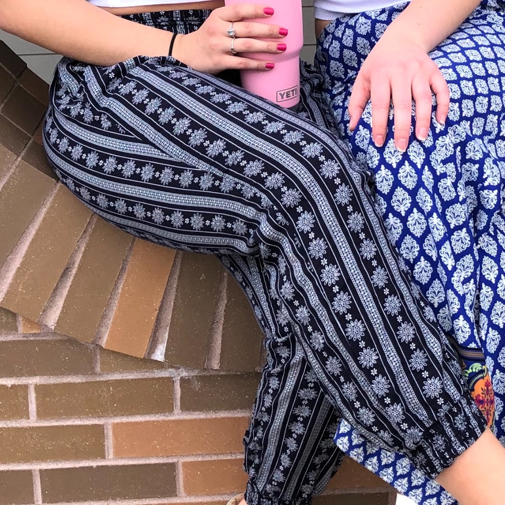 Navy Blue and White Patterned Women's Pants - Picture 2 of 10